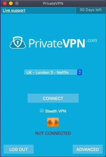 Screenshot of the PrivateVPN connection interface