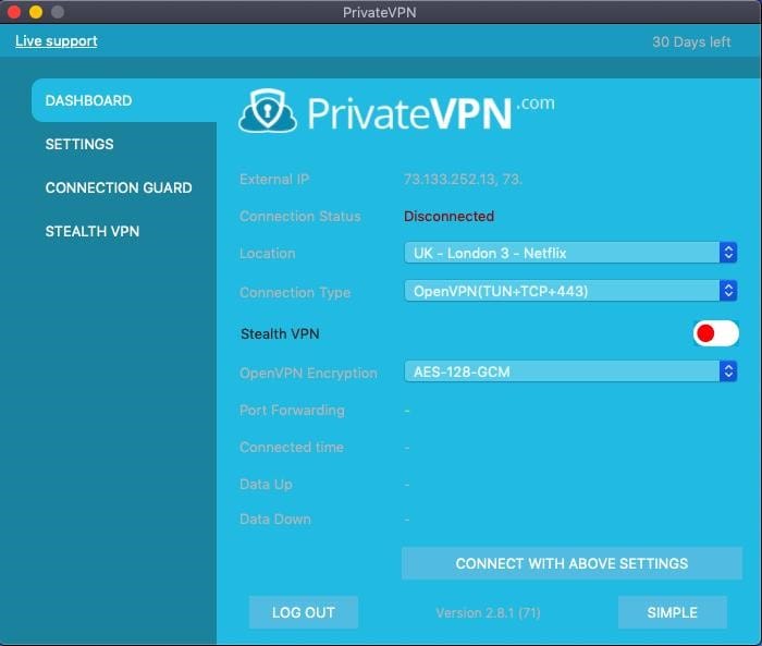 Screenshot of PrivateVPN's Dashboard interface