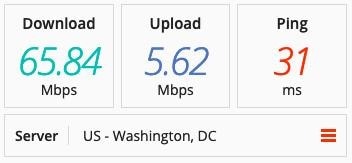 Screenshot of a speed test on a US server