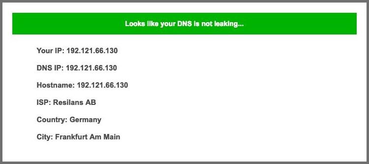 Screenshot of PrivateVPN's DNS leak test