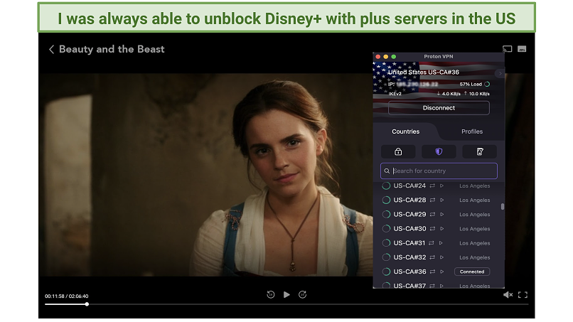 Screenshot of Disney+ player streaming Beauty and the Beast unblocked with Proton VPN