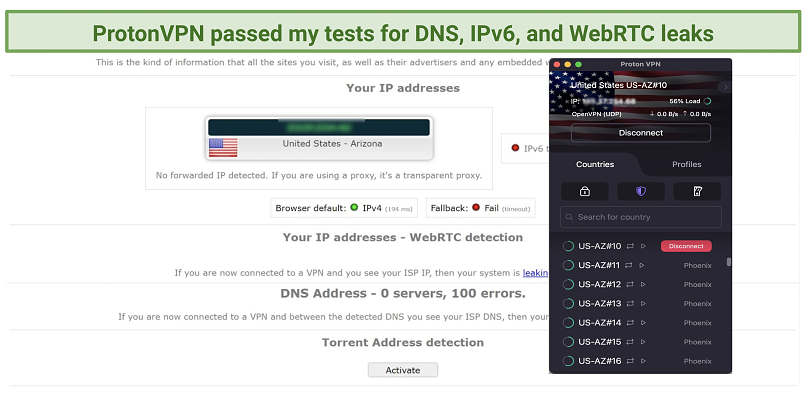 Graphic showing Proton VPN IPLeak test