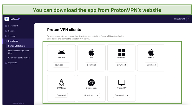 Screenshot of Proton VPN's website showing download page