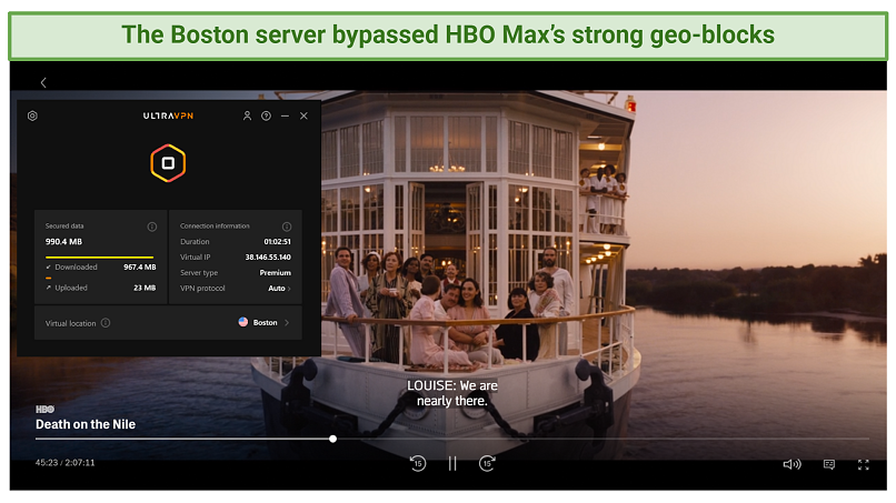 graphic showing HBO Max streaming using UltraVPN's servers