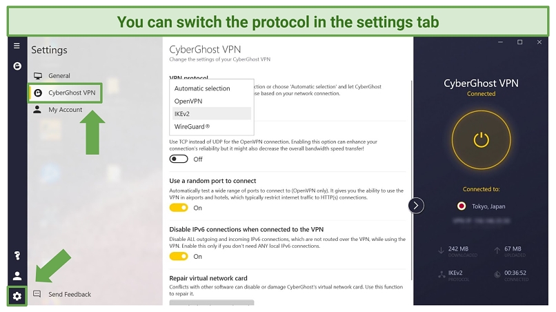 Screenshot of CyberGhost app showing where to switch VPN protocol