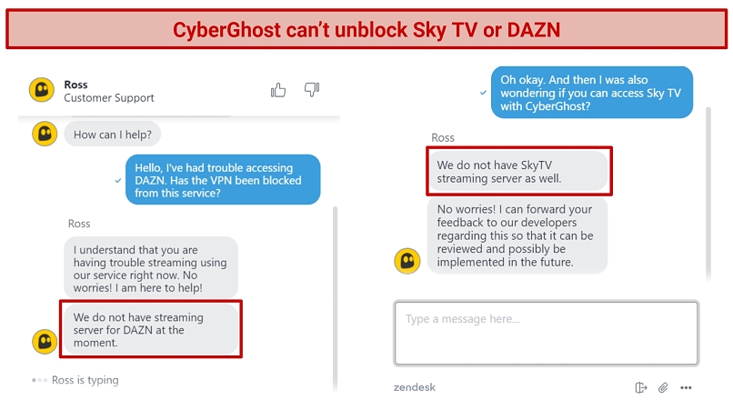 Screenshot of chat with CyberGhost live support about being unable to unblock Sky TV or DAZN