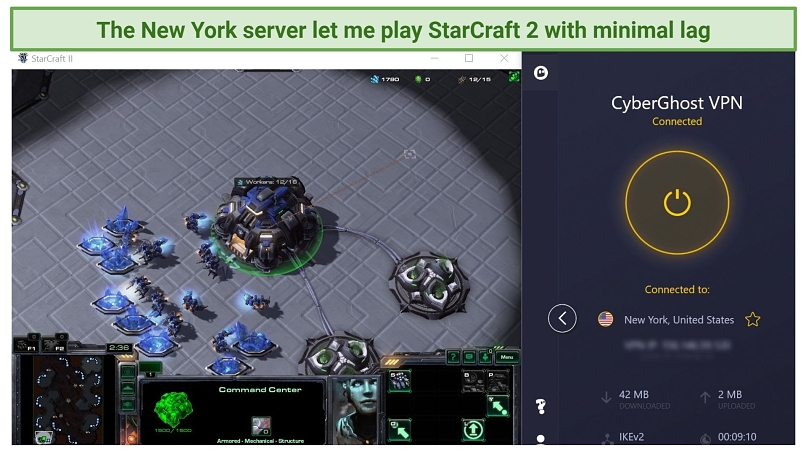 Screenshot of StarCraft 2 being played while connected to CyberGhost's New York server