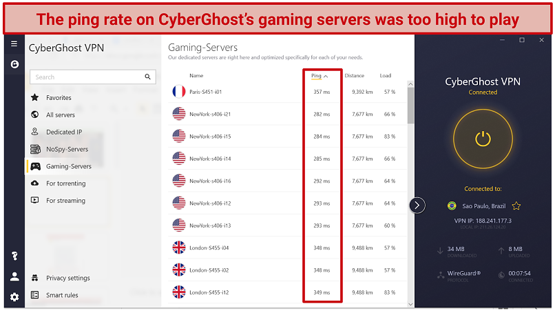 Screenshot of CyberGhost app showing Ping Rates of Optimized Gaming Servers