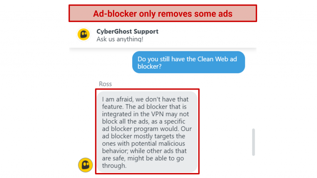 Screenshot of live chat with CyberGhost support agent telling me their ad-blocker only removes malicious content