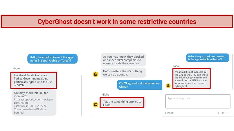 Screenshot of CyberGhost live chat that explains Saudi Arabia, Turkey, and China have been banned