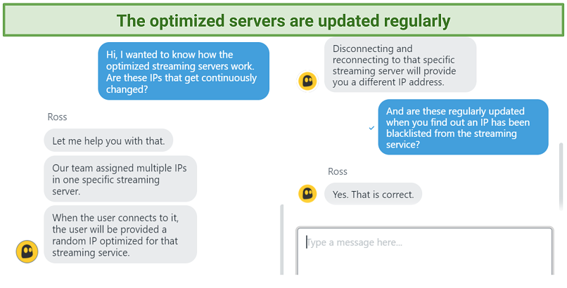Screenshot of chat with support agent explaining how optimized servers work