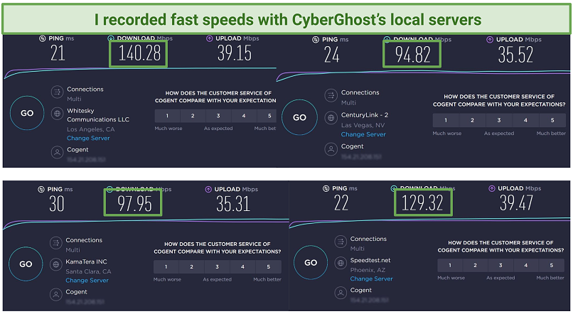 CyberGhost Alt Text: Screenshot of speed tests done with 4 local CyberGhost servers: Las Vegas, San Francisco, Los Angeles, and Phoenix