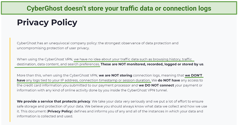 Screenshot of the Privacy Policy on CyberGhost's website
