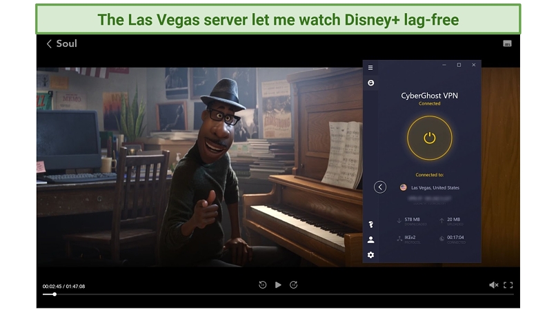 Screenshot of Disney Plus player streaming Soul unblocked with CyberGhost