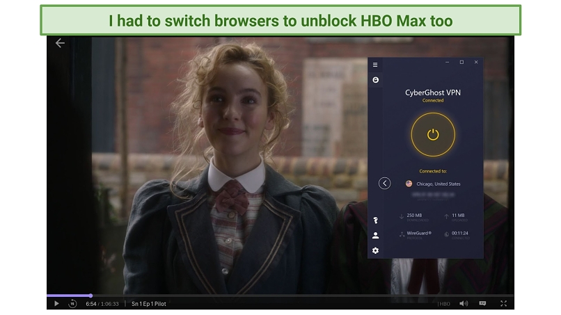 Screenshot of HBO Max player unblocked by CyberGhost streaming The Nevers
