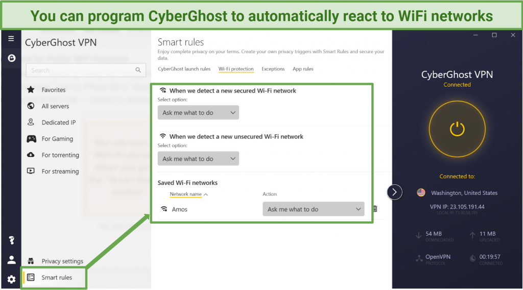 Screenshot of where to find WiFi protection in CyberGhost app