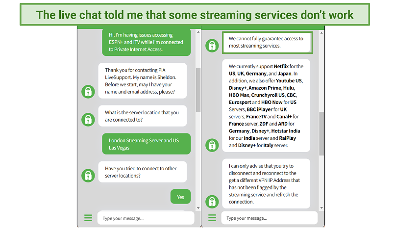 Screenshot of live chat with Private Internet Access where they tell me which streaming platforms work