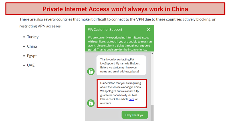 Screenshots of a live chat and FAQs from Private Internet Access that say it won't work in China