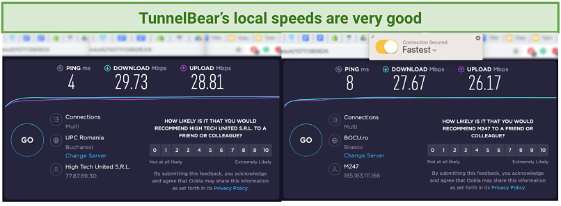 screenshot of TunnelBear's local speed tests