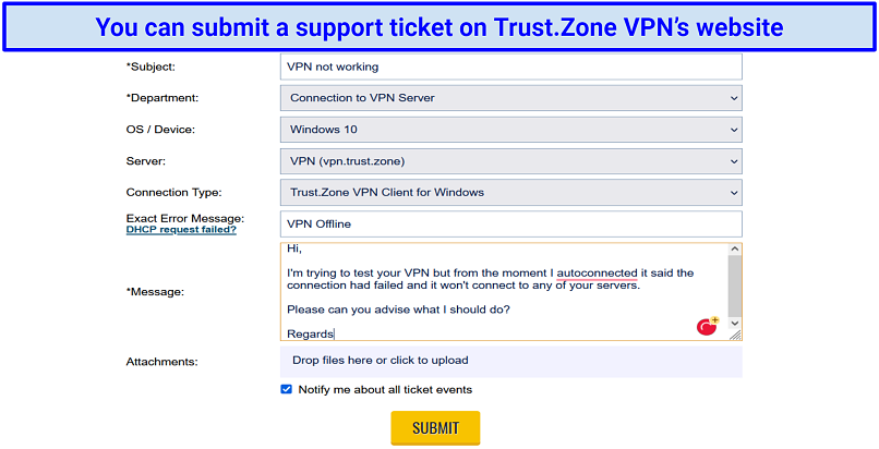 Graphic showing Trust.Zone VPN's support ticket