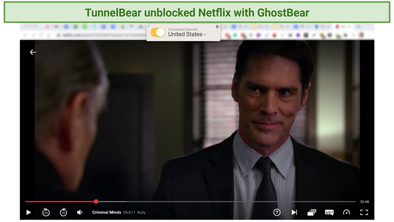 Screenshot showing TunnelBear VPN unblocking Netflix US