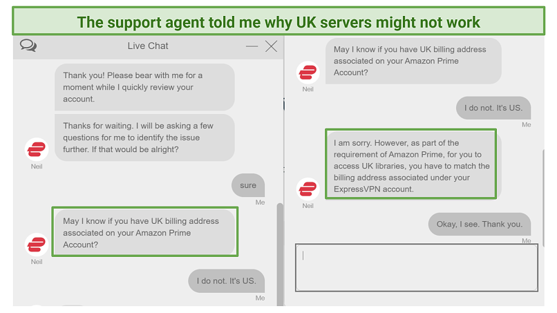 Screenshot of ExpressVPN live chat discussing Amazon Prime Video UK library