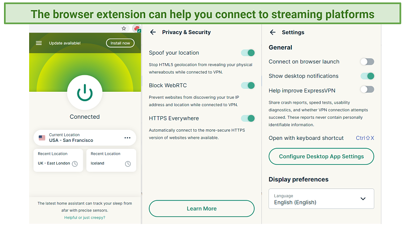 Screenshot showing the ExpressVPN Chrome extension and its option screens