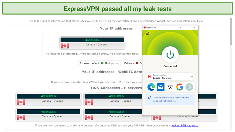Screenshot of a leak test performed with ExpressVPN on ipleak net
