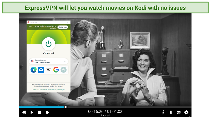 Screenshot of Kodi software streaming The Wasp Woman with Popcorn Flix while connected to ExpressVPN