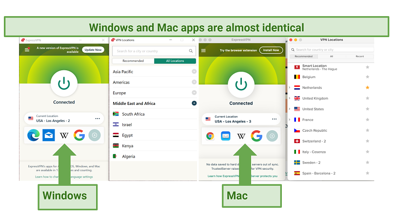 Screenshots of the ExpressVPN Windows and Mac apps side-by-side