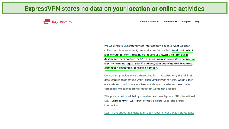 Screenshot of the ExpressVPN privacy policy highlighting what it does not collect