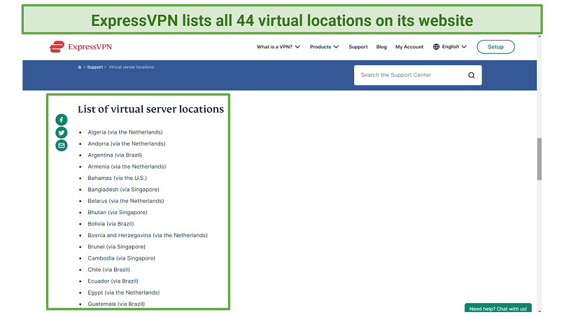 Screenshot of virtual server list on ExpressVPN website