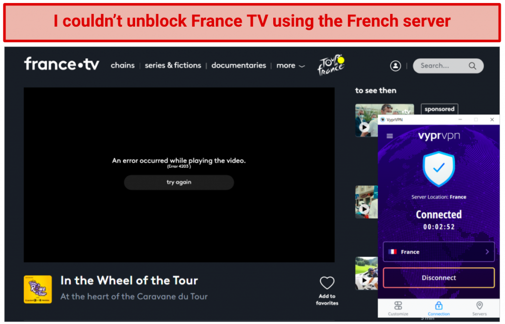 Image showing france.tv blocked after connecting to VyprVPN server in France