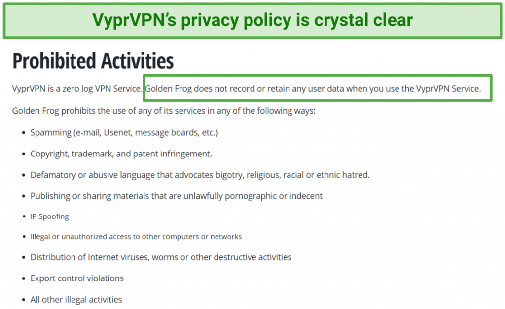 Image showing VyperVPN's privacy policy