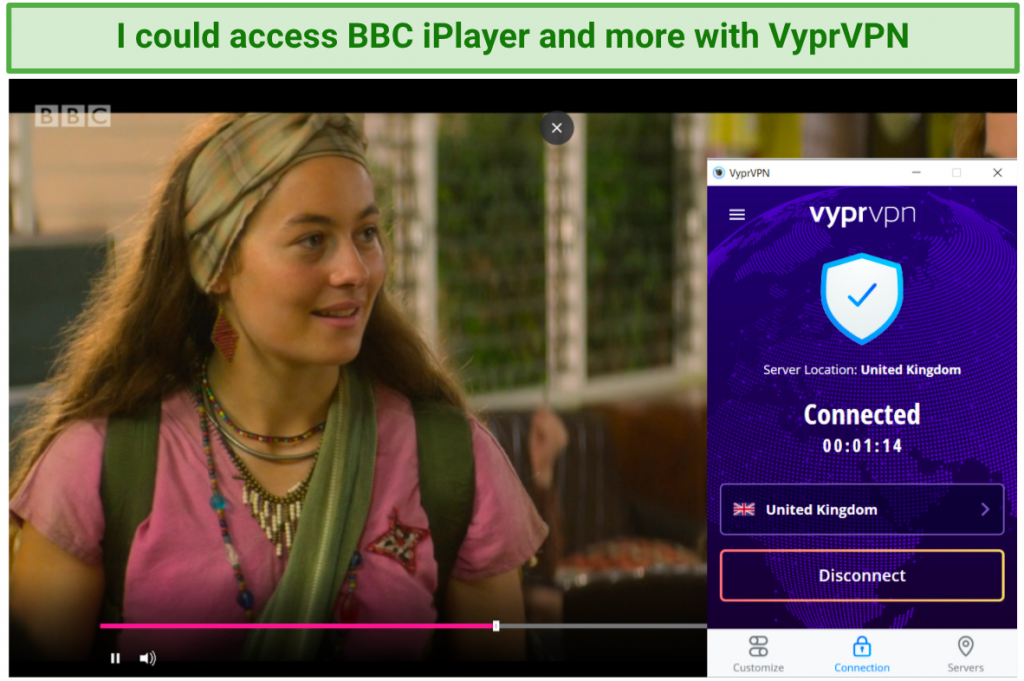 Image showing BBCiPlayer unblocked after connecting to a UK VyprVPN server