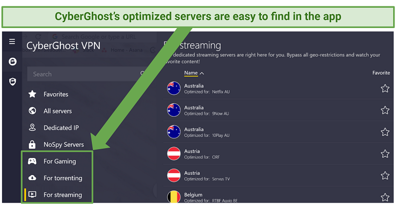 screenshot of CyberGhost's optimized servers in the app