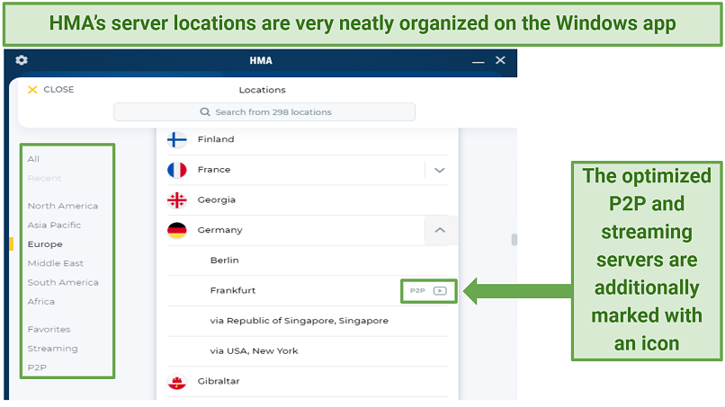 A screenshot of how HMA’s server locations are organized in tab menus according to their region and purpose on the Windows app