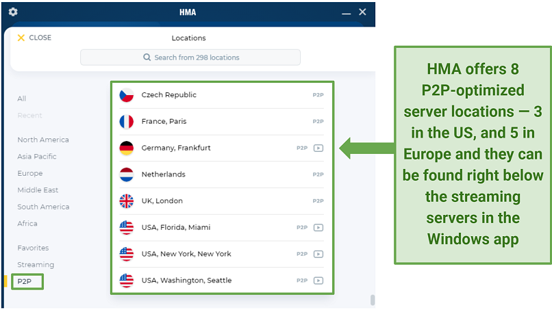 A screenshot of the P2P-optimized server locations tab menu on HMA's Windows app