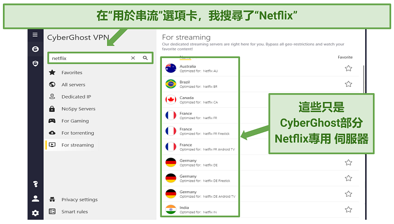 Screenshot displaying a list of CyberGhost's Netflix-optimized servers