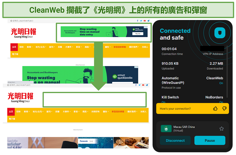 A snapshot showing Surfshark's CleanWeb stopping ads on guangming.com website