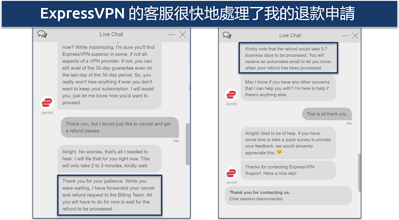 Screenshot of a conversation with ExpressVPN's live chat while requesting a refund