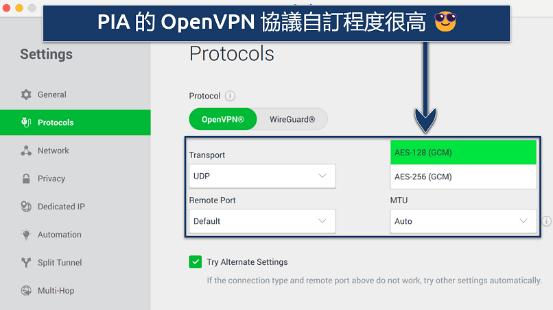 Screenshot showing the customization options for OpenVPN on PIA's app