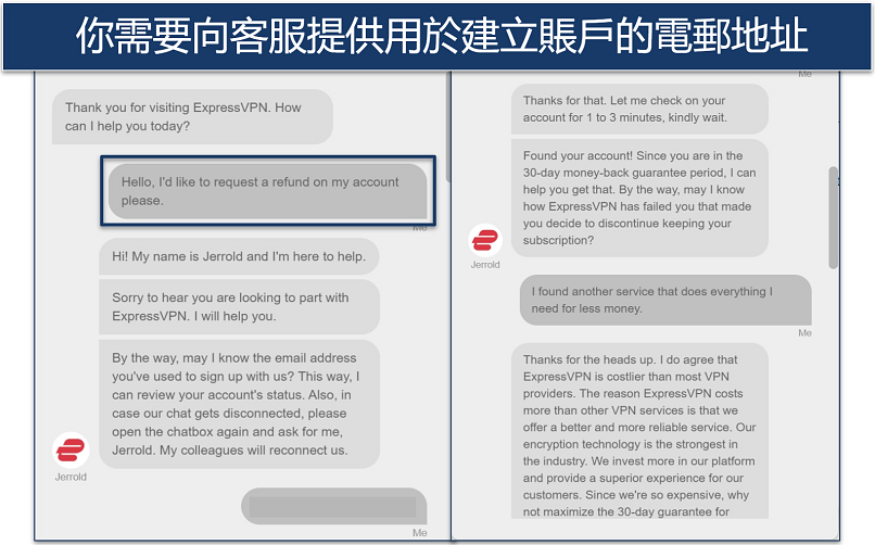 screenshot of a chat with ExpressVPN's support agent
