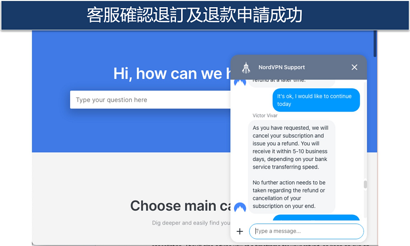 Screenshot of NordVPN refund confirmation in the chatbox