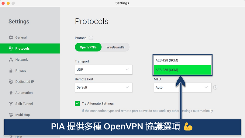 Screenshot showing how to switch encryption levels on the PIA app