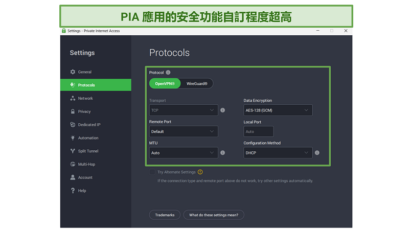 Screenshot of PIA's highly customizable security settings