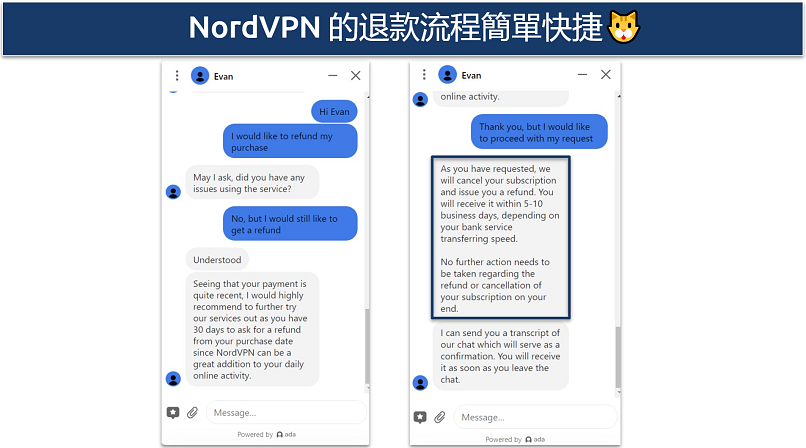 Screenshot of conversation with NordVPN live chat support agent requesting a refund during the 30-day guarantee period