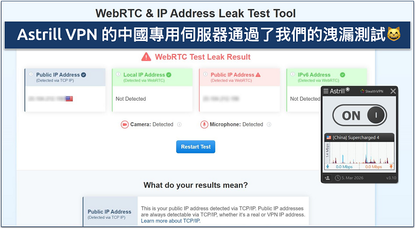 Screenshot showing Astrill VPN passed IP/DNS/WebRTC leak tests