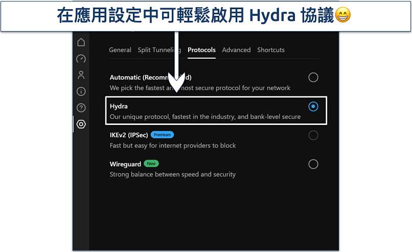 Screenshot showing how to enable Hydra protocol