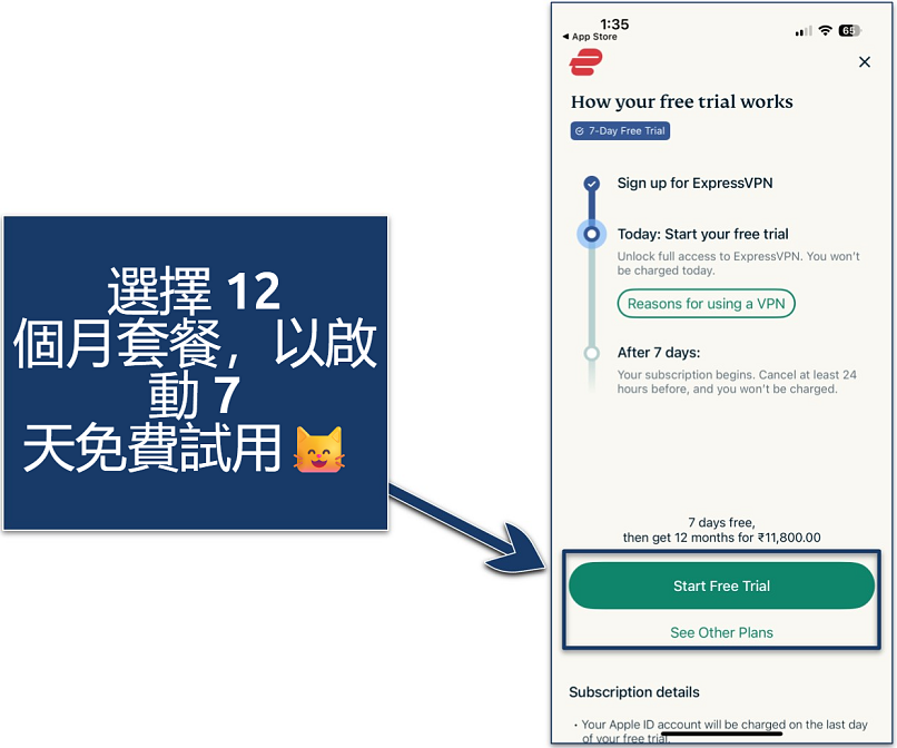 Screenshot explaining how ExpressVPN's free trial works